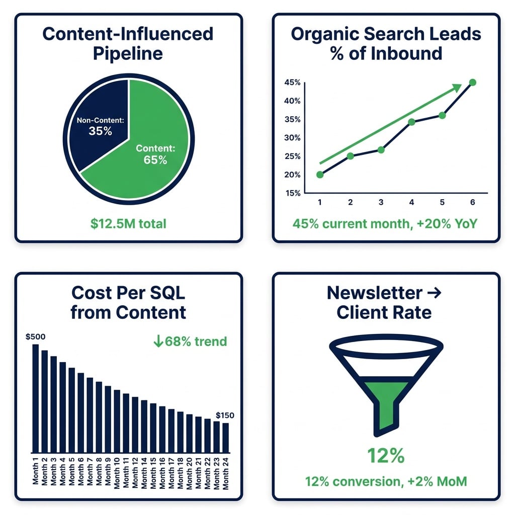 Dashboard showing four B2B content marketing ROI metrics: content-influenced pipeline, organic search leads, cost per qualified lead, and newsletter conversion rate