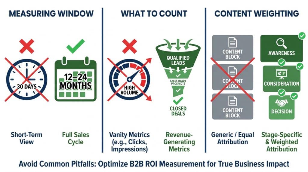 Diagram showing three common B2B content marketing attribution errors: measuring too early, counting traffic not leads, and treating all content as equal