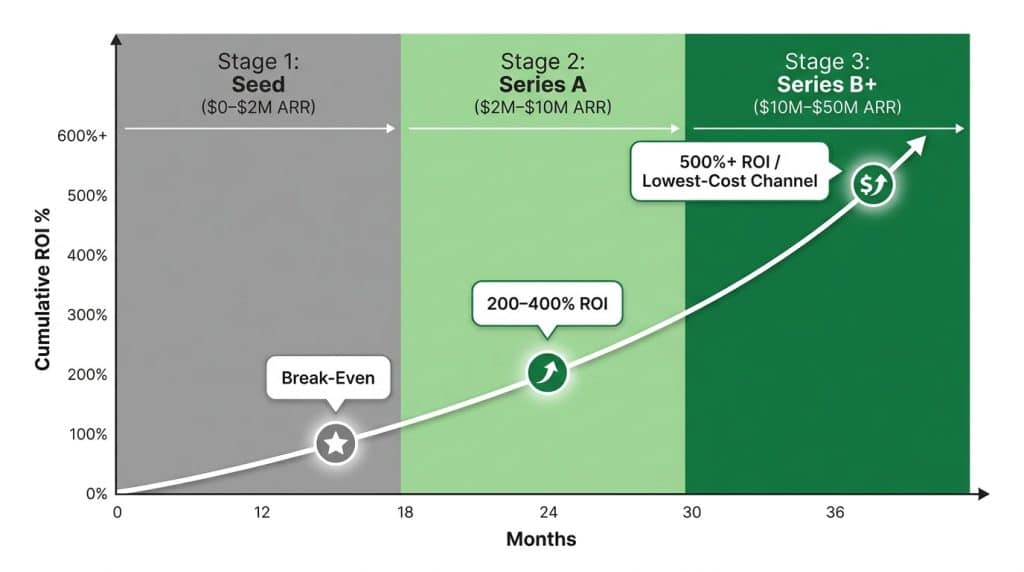 Timeline chart showing B2B content marketing ROI progression from seed stage break-even at month 12-18 to Series B 500% ROI over three years
