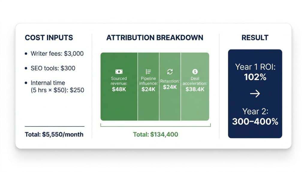 ROI calculation breakdown for a Series A SaaS company: $5,550 monthly content spend generating $134,400 attributed revenue equals 102% ROI in year one