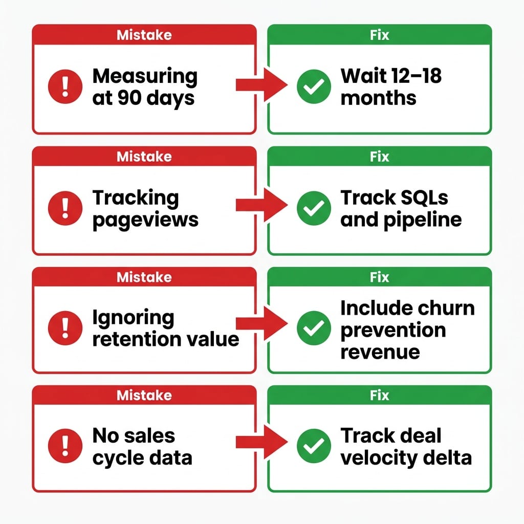 Warning signs diagram showing four mistakes that skew B2B content marketing ROI: measuring too early, traffic focus, excluding retention, and missing sales compression