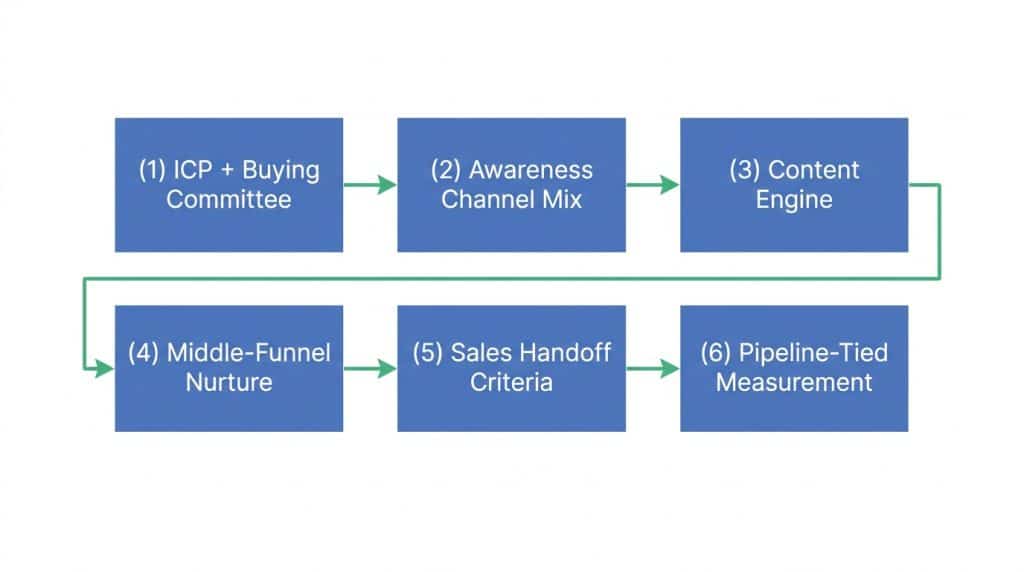 Six components of a B2B demand generation strategy: ICP definition, channel mix, content engine, middle-funnel nurture, sales handoff, pipeline measurement