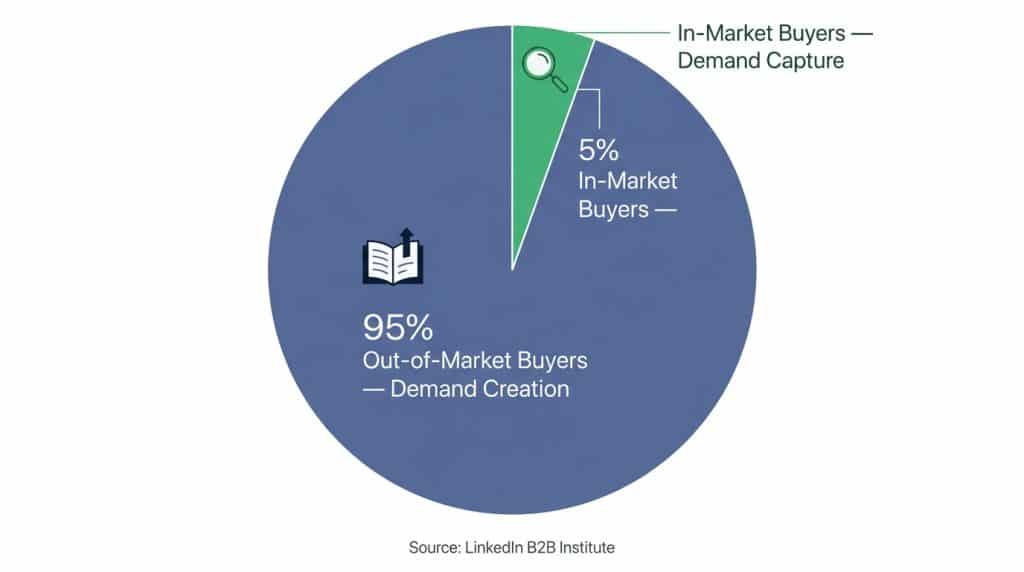 B2B demand generation 95/5 rule: demand creation targets 95% out-of-market buyers, demand capture targets 5% in-market