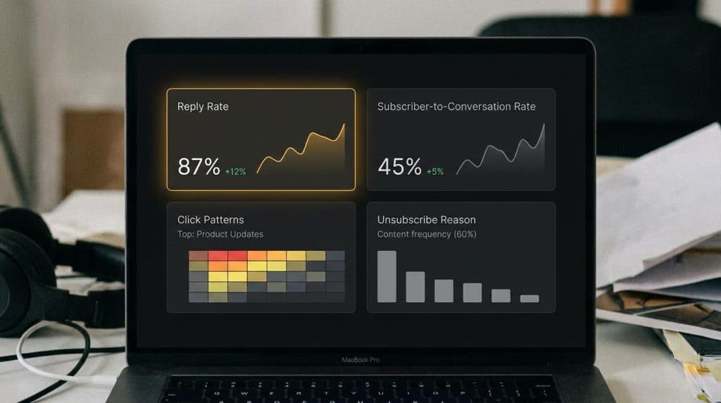 B2B newsletter performance metrics dashboard showing reply rate, subscriber-to-conversation rate, and click patterns
