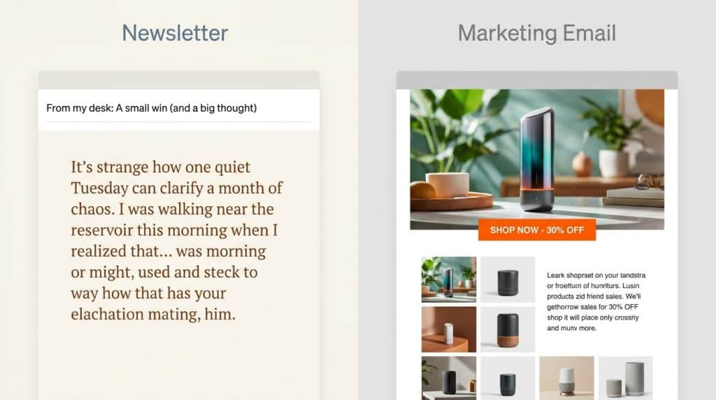 Comparison showing B2B newsletter (relationship-building) versus marketing email (transactional)