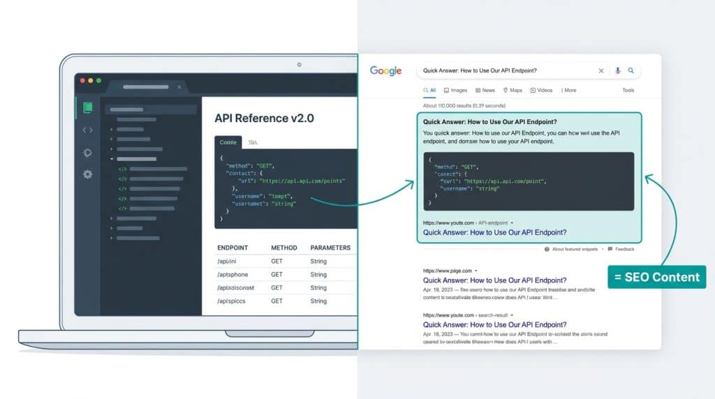 Split illustration showing technical API documentation on the left transforming into an organic Google search featured snippet on the right, representing documentation as SEO content