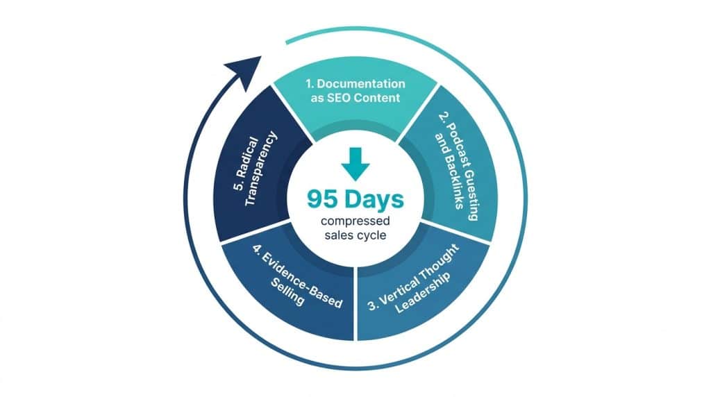 Five-layer inbound flywheel diagram showing how documentation, podcast guesting, thought leadership, evidence-based selling, and transparency compound to compress the B2B SaaS sales cycle