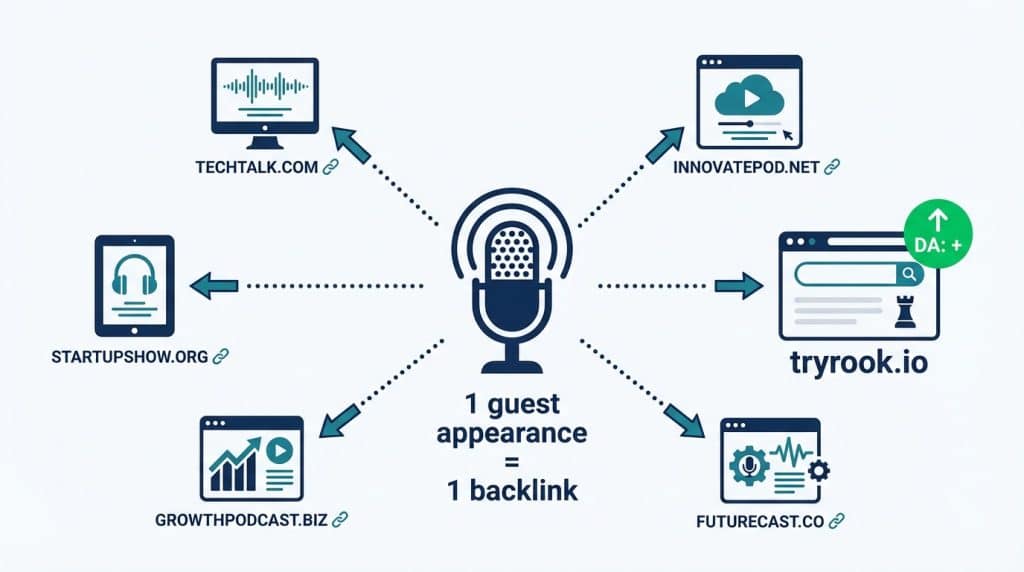 Infographic showing podcast guest appearances generating backlinks from multiple show websites, building domain authority that drives inbound B2B SaaS sales