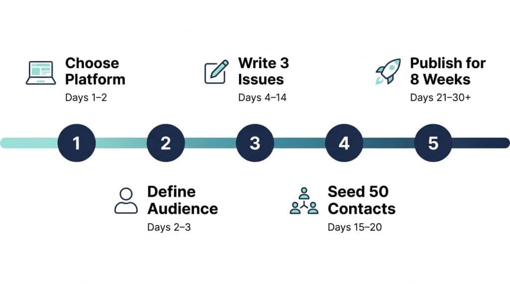 30-day timeline showing the five steps to launch a CEO newsletter: choose platform, define audience, write first issues, seed the list, and publish consistently