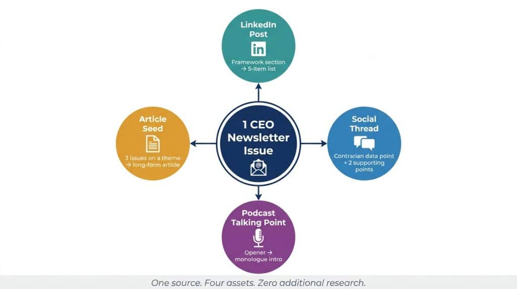 Diagram showing how one CEO newsletter issue becomes four content pieces: a LinkedIn post, a short-form social thread, a podcast talking point, and an article seed