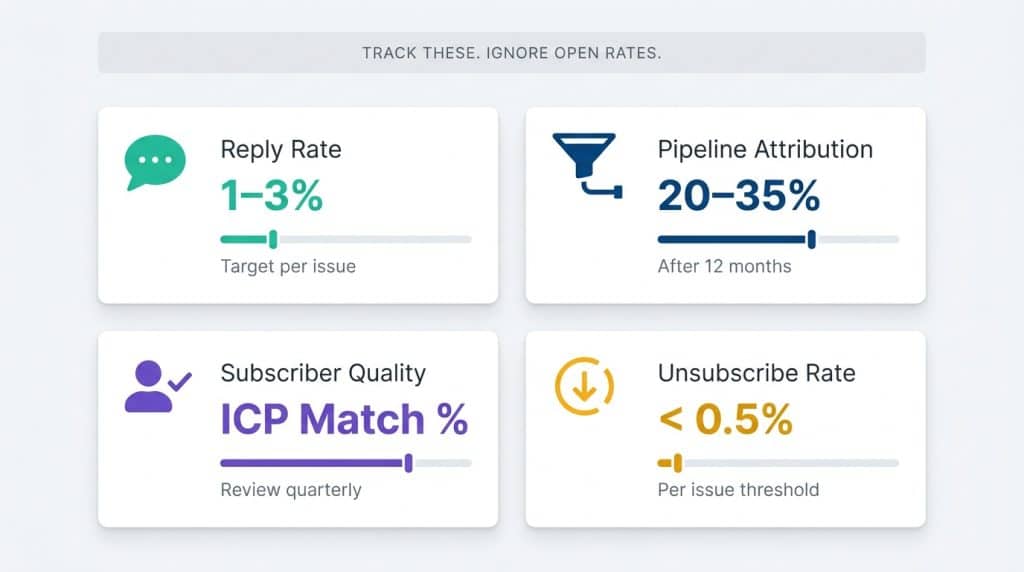 Dashboard showing the four CEO newsletter metrics that matter: reply rate target of 1-3%, pipeline attribution, subscriber quality score, and unsubscribe rate under 0.5%