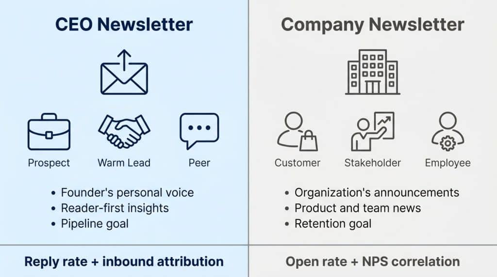 Side-by-side comparison showing a CEO newsletter going to prospects and a company newsletter going to existing customers, illustrating different purposes