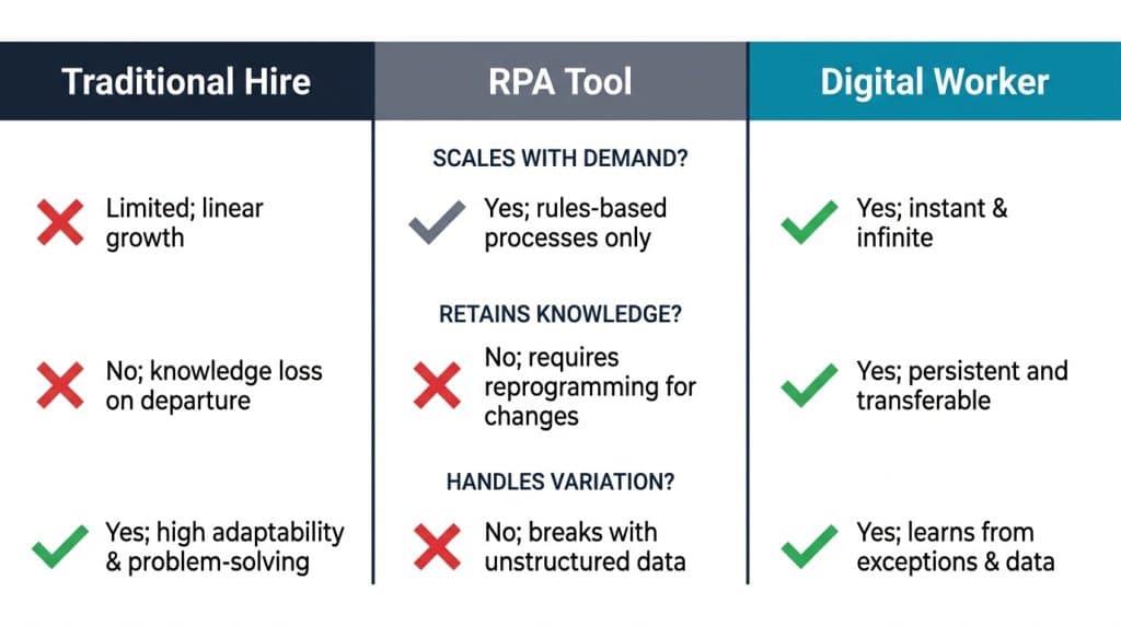 Three-column comparison of traditional hire vs RPA tool vs digital worker across scalability, knowledge retention, and variation handling for B2B revenue teams