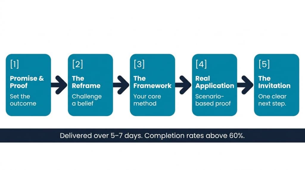 Flow diagram showing the 5-email educational course sequence — Promise and Proof, Reframe, Framework, Real-World Application, and Invitation — for B2B founders