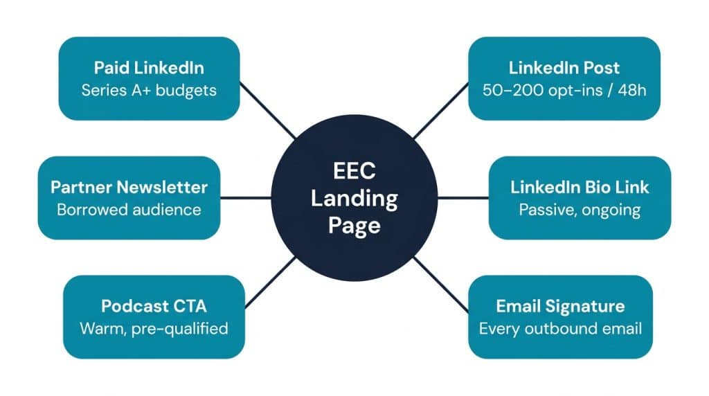 Hub-and-spoke diagram showing 6 distribution channels for driving opt-ins to a B2B educational email course, including LinkedIn posts, podcast CTAs, and partner newsletters