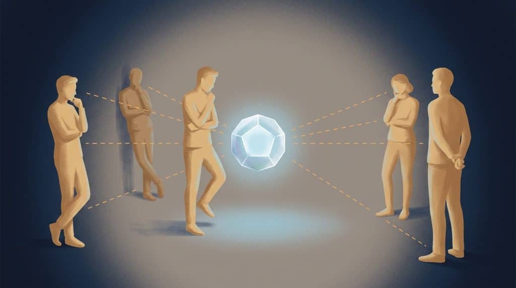 An editorial illustration of an AI product represented as a glowing orb suspended in fog, surrounded by figures who are intrigued but haven't stepped forward to claim it
