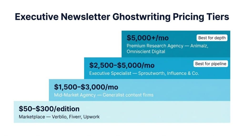 Pricing tier diagram for newsletter ghostwriting services for executives ranging from $50 per edition marketplace options to $5,000 per month premium research agencies