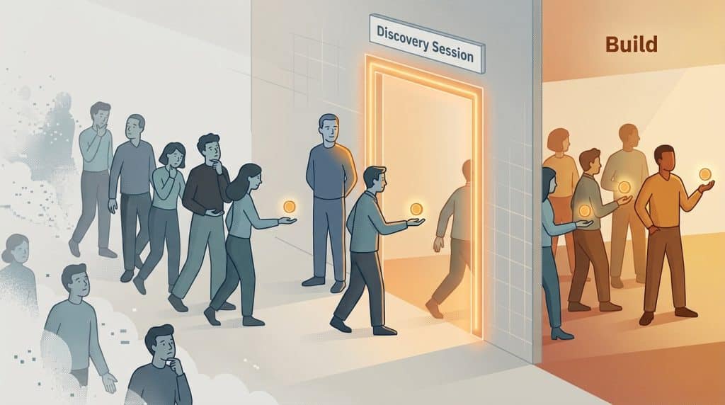 An editorial illustration showing a crowd of figures approaching a lit gateway, with only those carrying a small coin passing through while the rest drift away