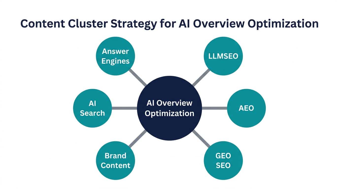 Hub and spoke diagram showing AI overview optimization content cluster strategy with LLMSEO, AEO, GEO SEO, and brand content nodes for B2B tech