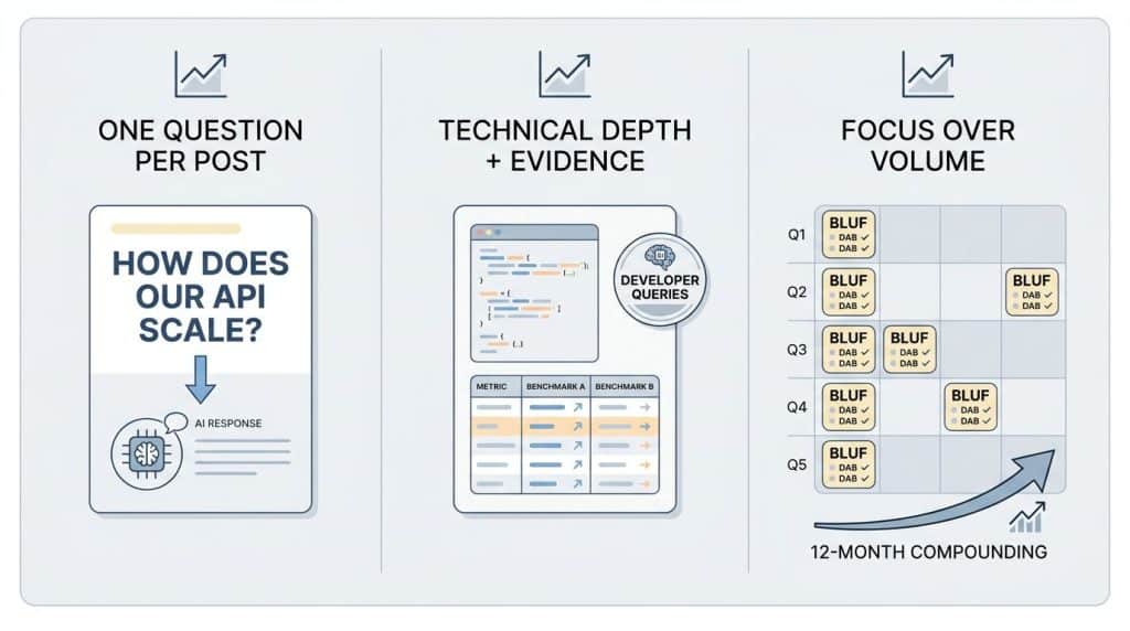 Three-column illustration showing B2B brand content approaches that earn AI citations: single-question posts, technical depth with evidence, and focused long-form programs with BLUF structure