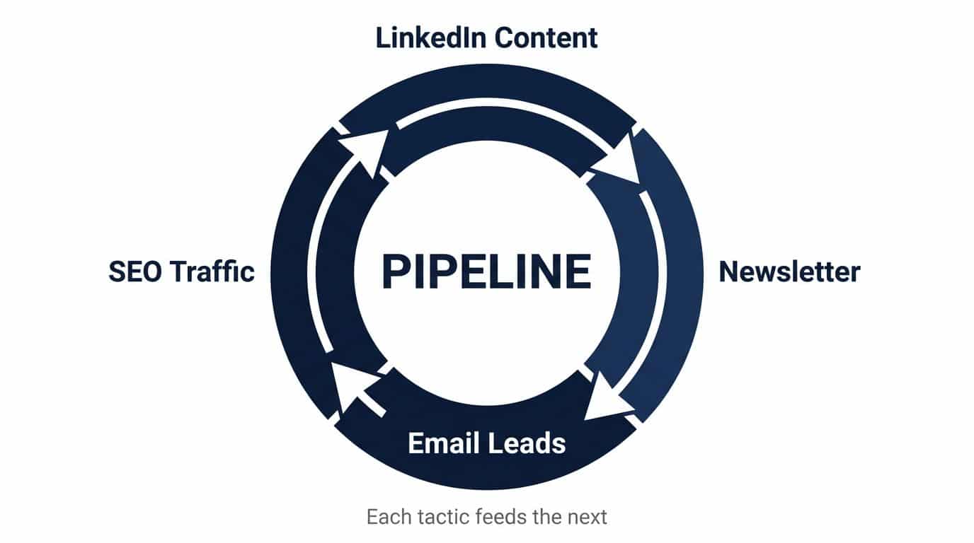 Circular flywheel diagram showing how four b2b lead gen tactics feed into each other to compound pipeline