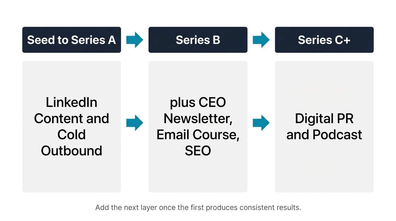 Three-stage framework showing which b2b lead gen tactics to run at Seed, Series A, and Series B funding stages