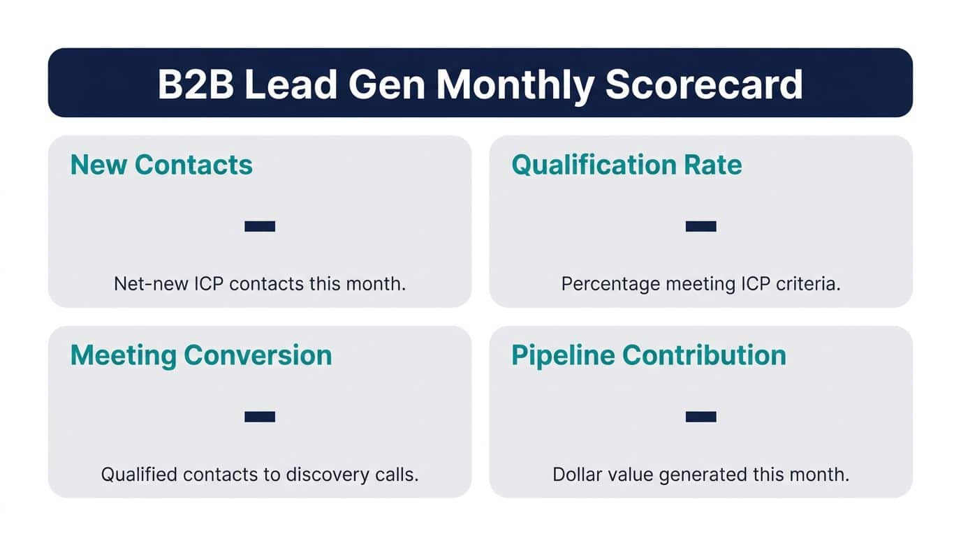 Four-metric dashboard scorecard for measuring b2b lead gen performance including contacts, qualification rate, meetings and pipeline