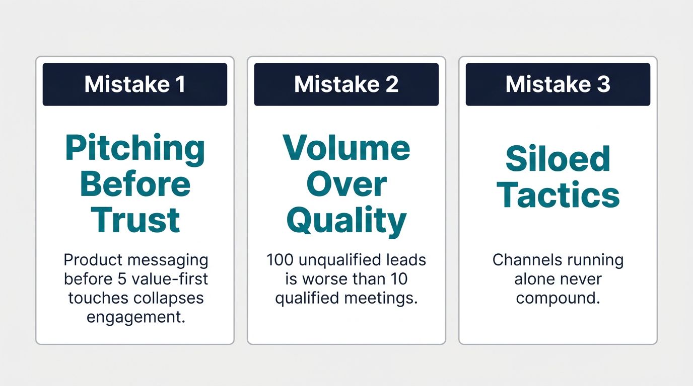 Three-panel warning card showing the most common b2b lead gen mistakes for funded tech companies