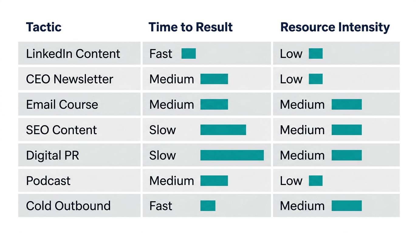 Matrix comparing 7 b2b lead gen tactics by time to result and resource intensity for funded tech CEOs