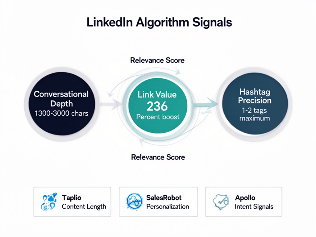 LinkedIn 2026 algorithm flow diagram connecting conversational depth, link value, and hashtag precision to AI tool responses