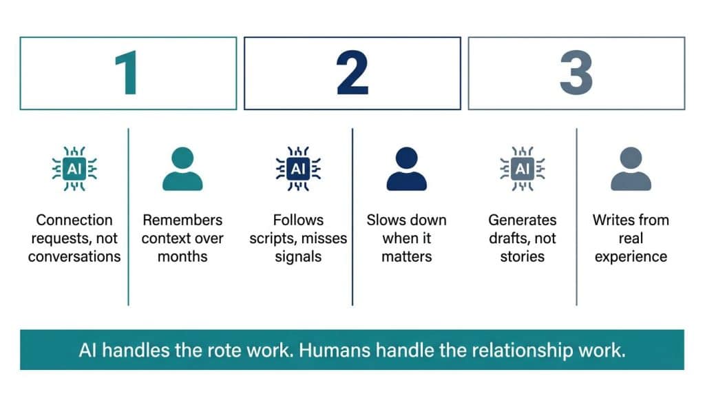 Three-column comparison showing where AI fails and humans succeed: AI sends connection requests but humans build relationships, AI follows scripts but humans read the room, AI generates drafts but humans write from experience.