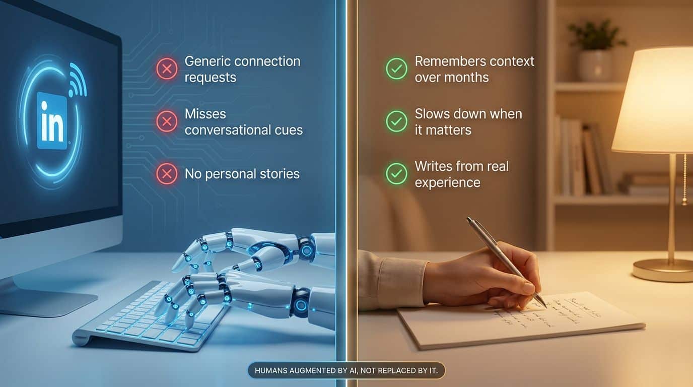 Split comparison showing AI limitations versus human strengths in B2B LinkedIn