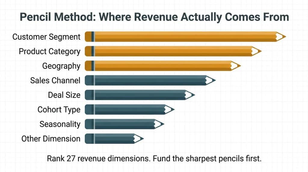 Bar chart visualization of the Bitsing Pencil Method showing revenue dimensions ranked from sharpest to dullest, with the top bars representing highest revenue contribution