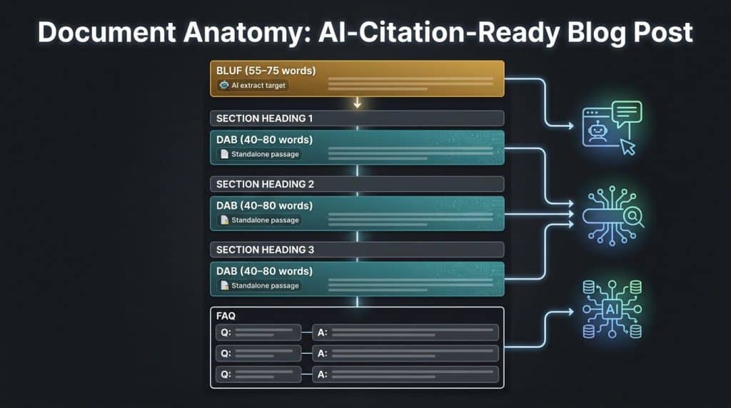 Diagram showing the three-part structure for AI-citation-ready brand content: BLUF opening paragraph, Direct Answer Blocks after each heading, and FAQ section at the end