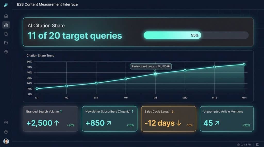 Dashboard illustration showing key brand content ROI metrics including AI citation share growth from 10% to 55% over 14 months, branded search volume, and newsletter subscriber growth