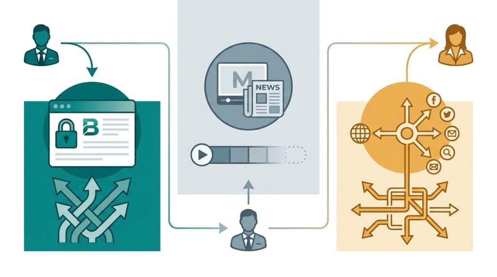 Illustration comparing three B2B content strategies: owned brand content (compounding domain authority), branded content (third-party placement), and content marketing (full distribution strategy)