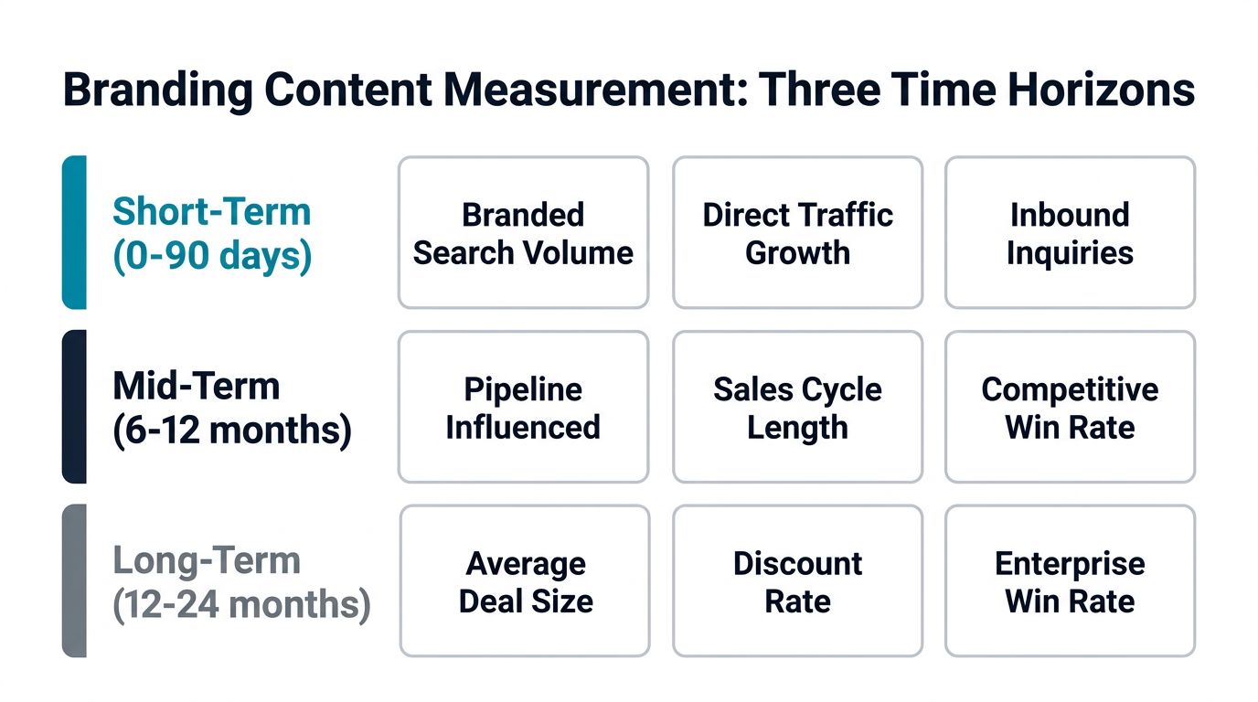 Branding Content Measurement Dashboard — Short, Mid, and Long-Term Metrics for B2B SaaS CEOs Three-tier branding content measurement dashboard showing short-term awareness metrics, mid-term pipeline indicators, and long-term deal quality signals for B2B SaaS CEOs