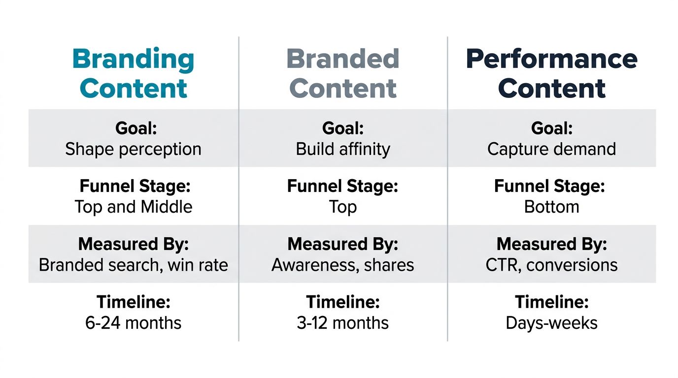Branding Content vs Branded Content vs Performance Content — B2B SaaS Comparison Three-column comparison of branding content, branded content, and performance content showing goals, funnel stages, measurement, and timelines for B2B SaaS