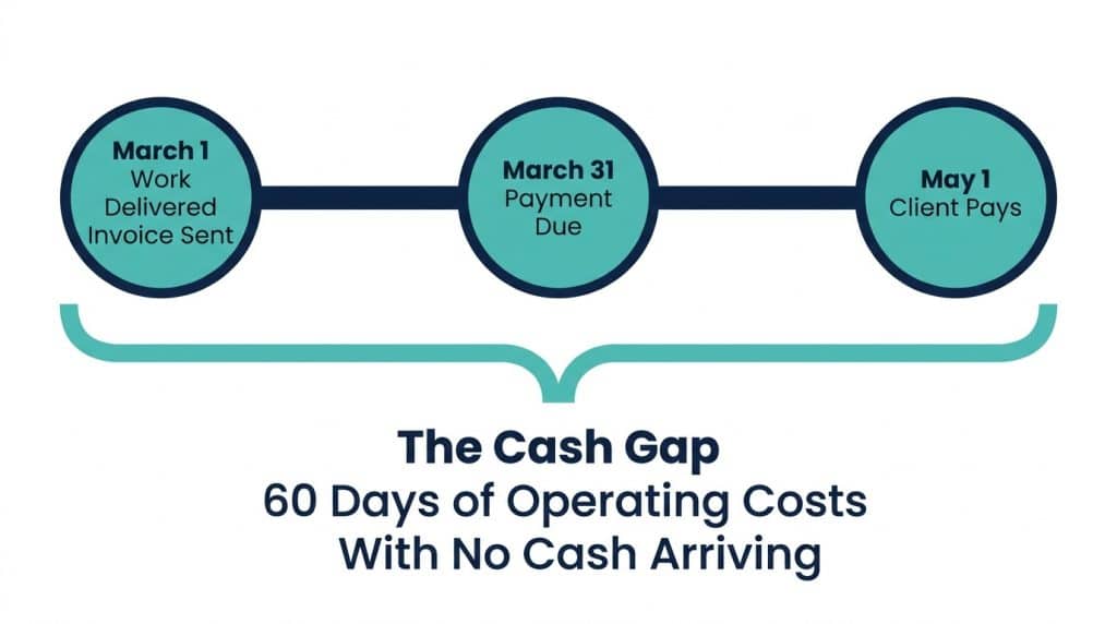 Timeline diagram showing how accrual accounting records revenue on March 1 while cash from the same invoice only arrives May 1, creating a 60-day cash flow gap