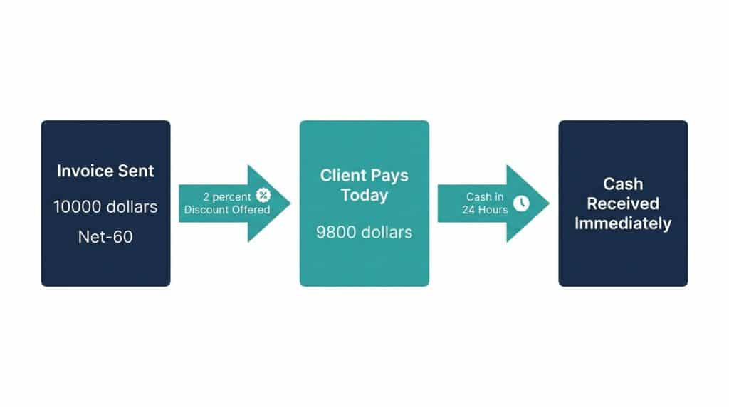 Flow diagram showing how dynamic discounting converts a Net-60 invoice into immediate cash by offering the buyer a 2 percent discount for same-day payment
