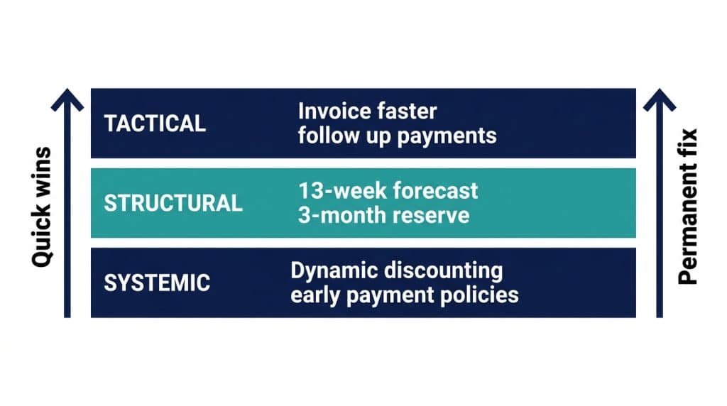 Three-tier pyramid diagram showing tactical, structural, and systemic approaches to fixing cash flow issues in service businesses, from symptom relief to permanent gap closure