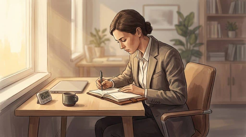 A CEO doing the 10-minute money psychology self-reflection exercise: journaling to identify unconscious financial patterns