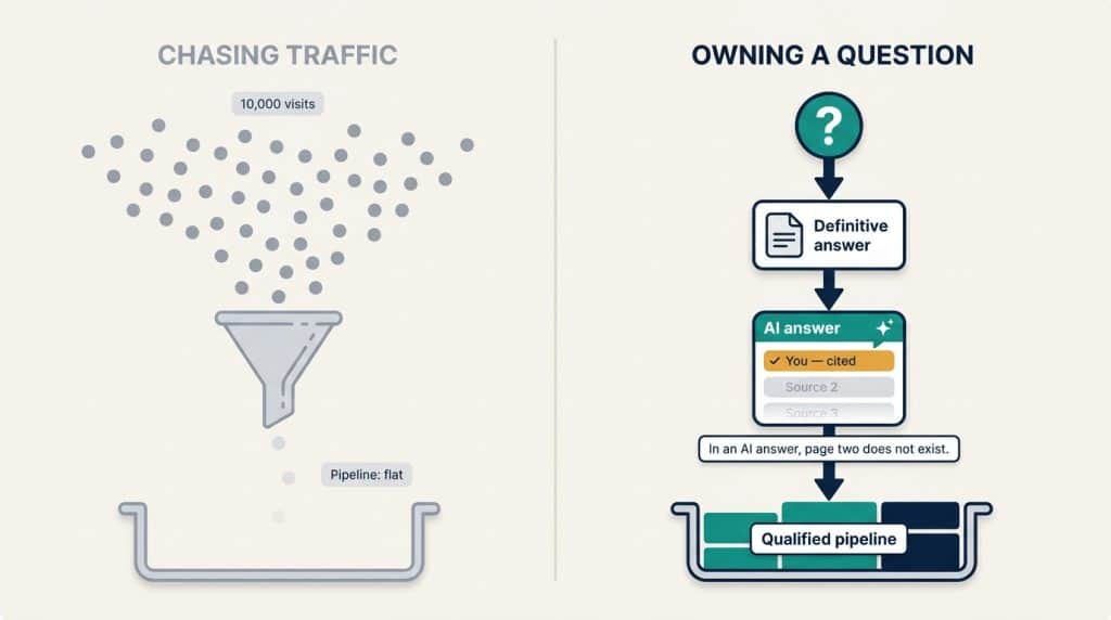 Diagram contrasting broad traffic that produces flat pipeline with owning one buying question that earns the cited spot in AI answers and qualified pipeline.
