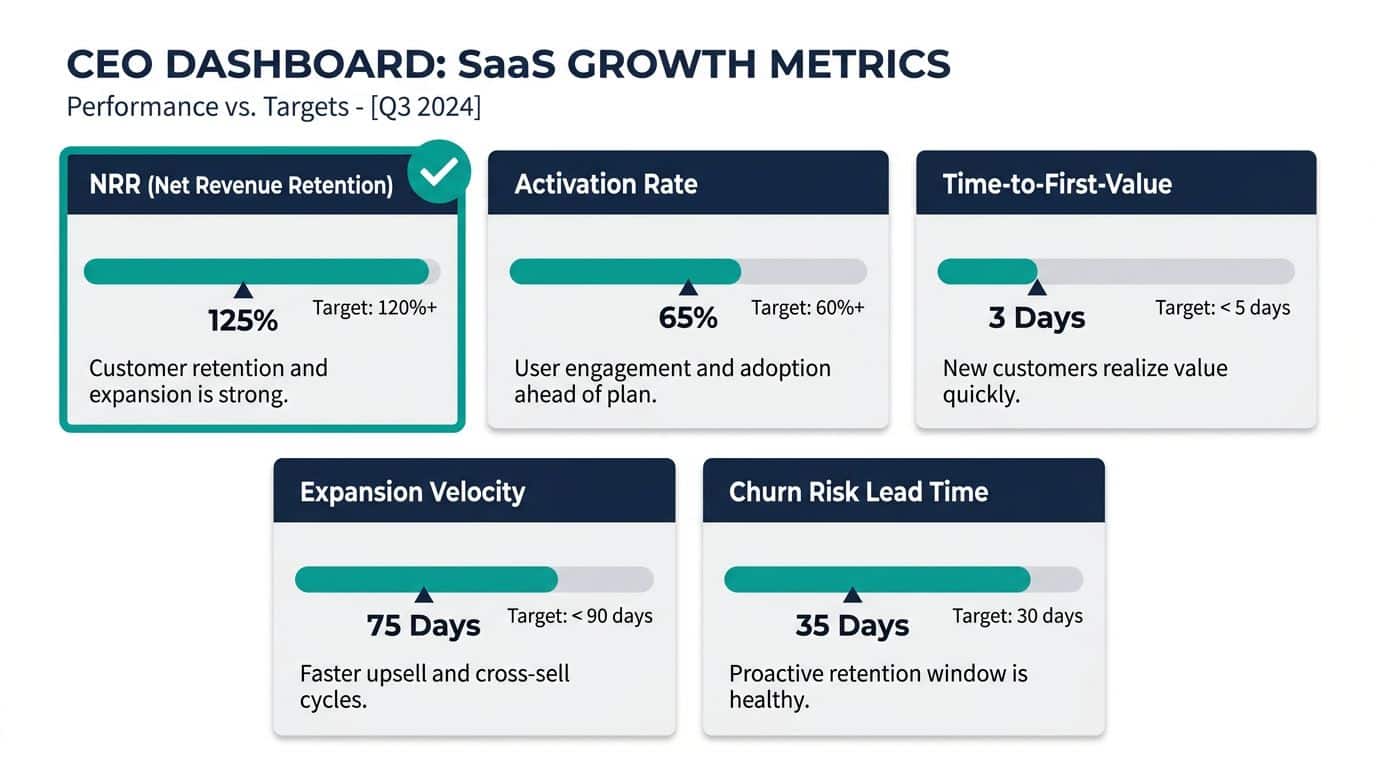 CEO scorecard dashboard showing 5 customer engagement metrics: NRR, Activation Rate, Time-to-First-Value, Expansion Velocity, Churn Risk Lead Time