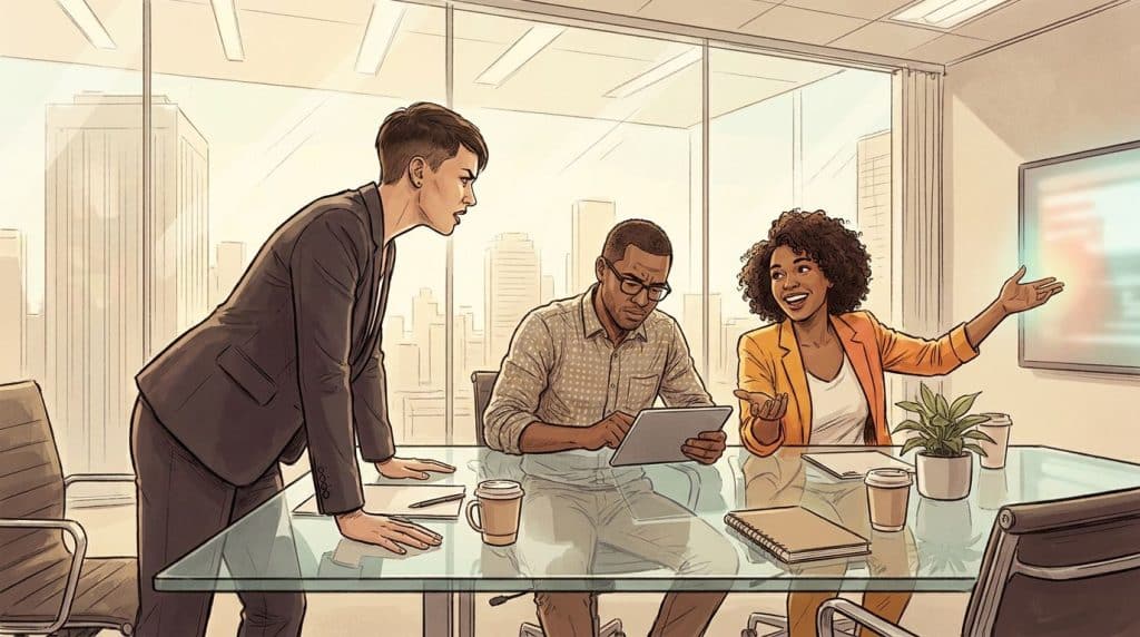 Three executives with different Enneagram types in a boardroom meeting: predictable financial conflict between gut, heart, and head type leaders