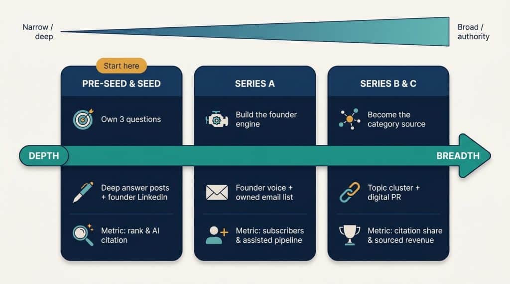 Framework diagram of content strategy for funded startups by funding stage: seed owns three questions, Series A builds the founder engine, Series B and C become the category source.