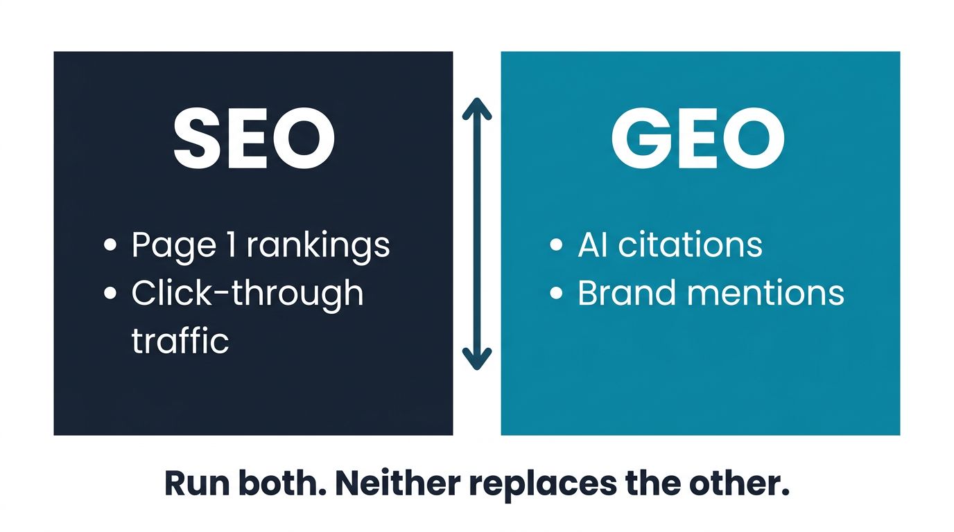 Split-screen diagram comparing traditional SEO rankings with GEO AI citation strategy for B2B tech CEO content programs