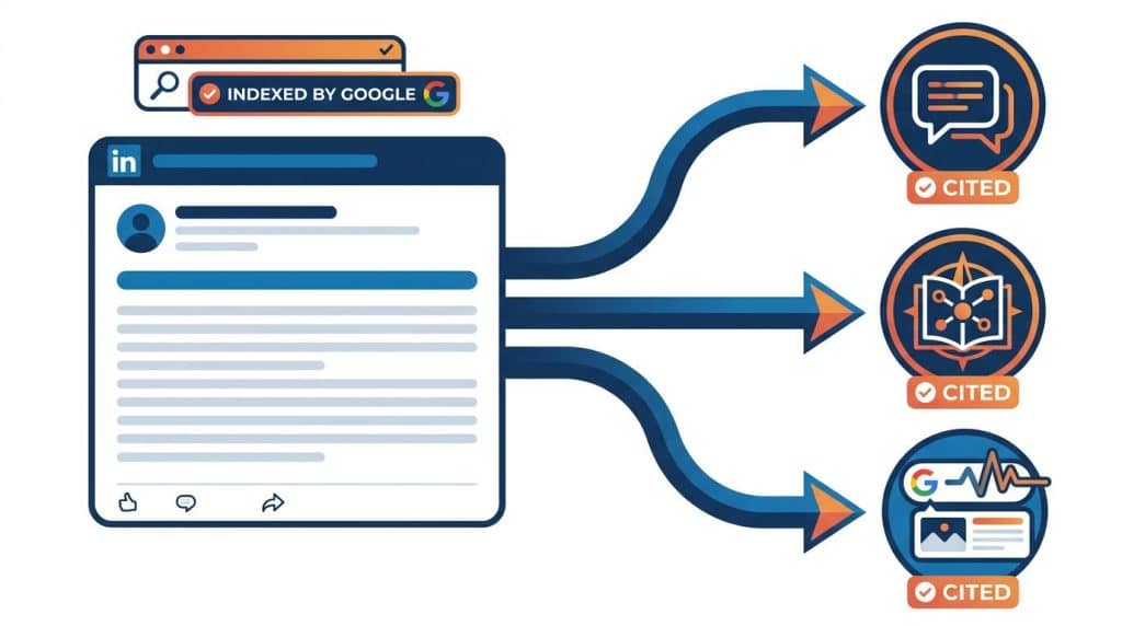 Diagram showing LinkedIn Articles being indexed by AI engines including ChatGPT, Perplexity, and Google AI Overviews