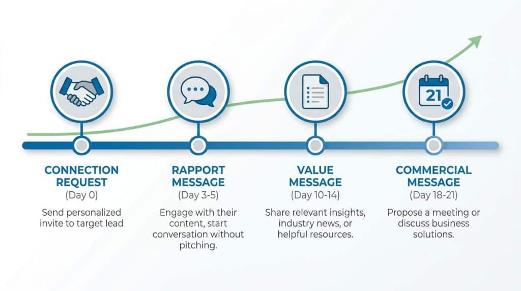 Four-step LinkedIn outreach sequence timeline showing connection request through commercial message