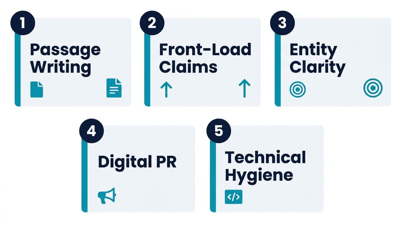 Five-step visual framework showing LLMSEO tactics for B2B tech companies to earn AI citations